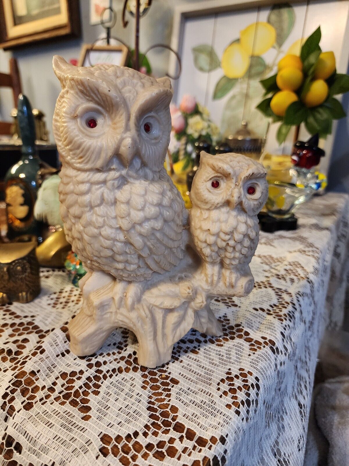 Vintage Handcarved Owl And Owlet Ruby Eyes