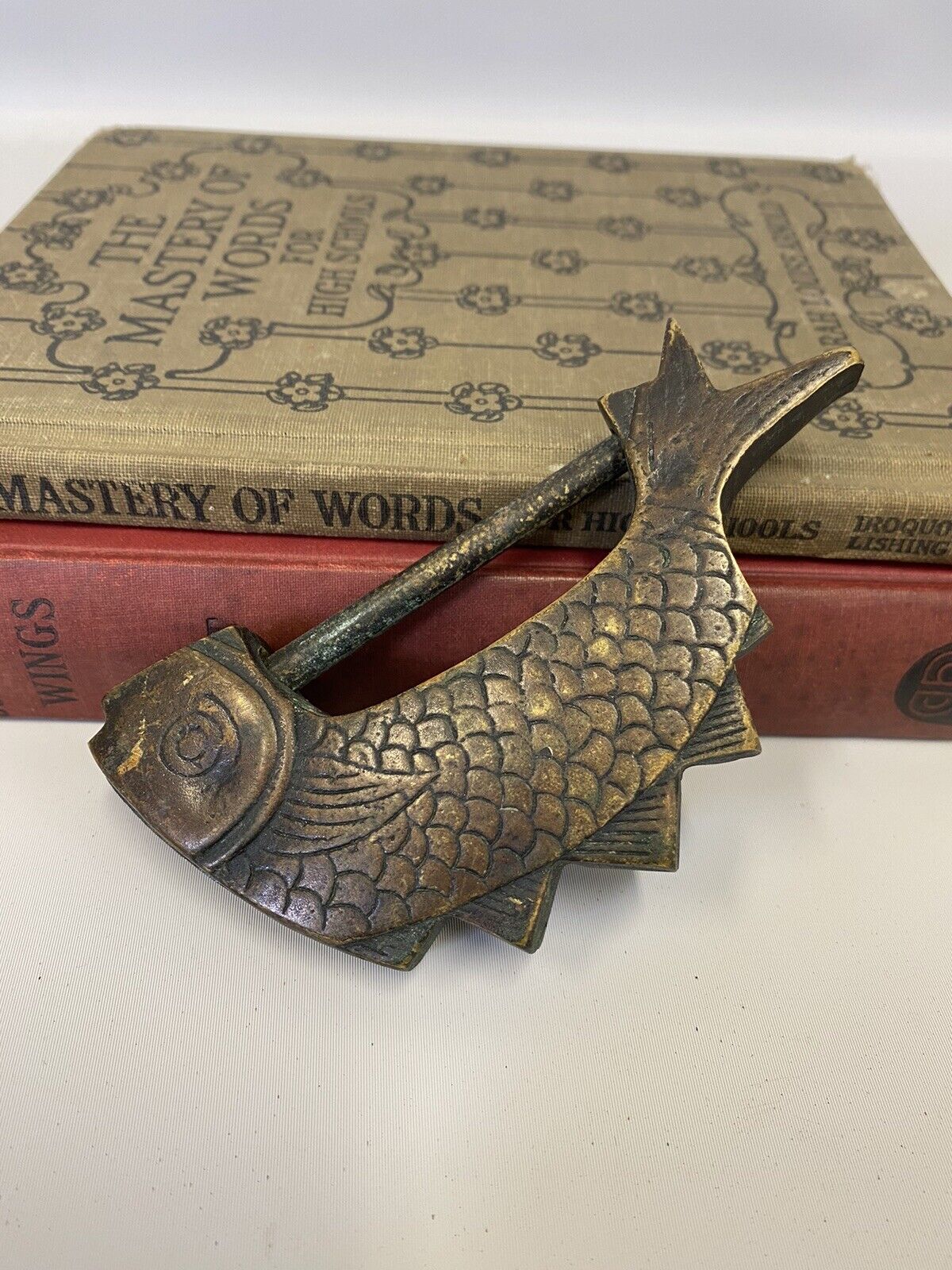 Vintage Antique Japanese Fish Shaped Brass Lock With Pull Through Pin Rare 4.5”