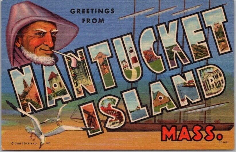 NANTUCKET ISLAND Massachusetts Large Letter Postcard Curteich Linen / Unused