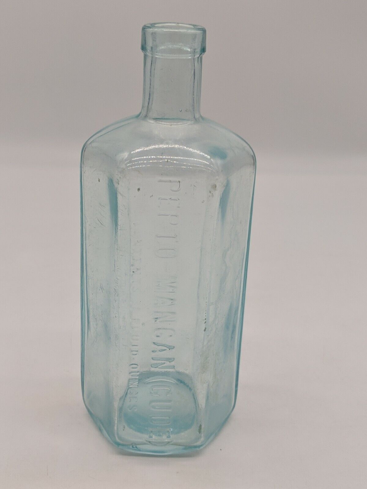 Vintage Glass Bottle PEPTO MANGAN GUDE ice blue embossed cork type 11oz