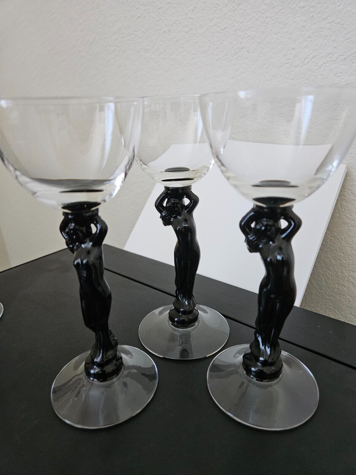 SET 3* Cambridge Glass #3011 Statuesque Black Nude Ebony Cocktail Stems MATCHING