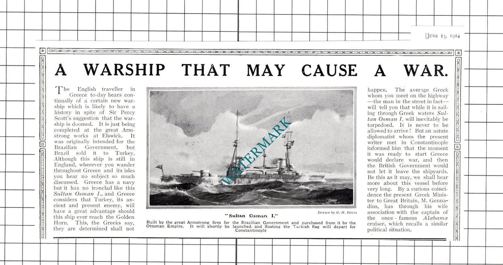 Sultan Osman 1 Ship Warship - 1914 Cutting