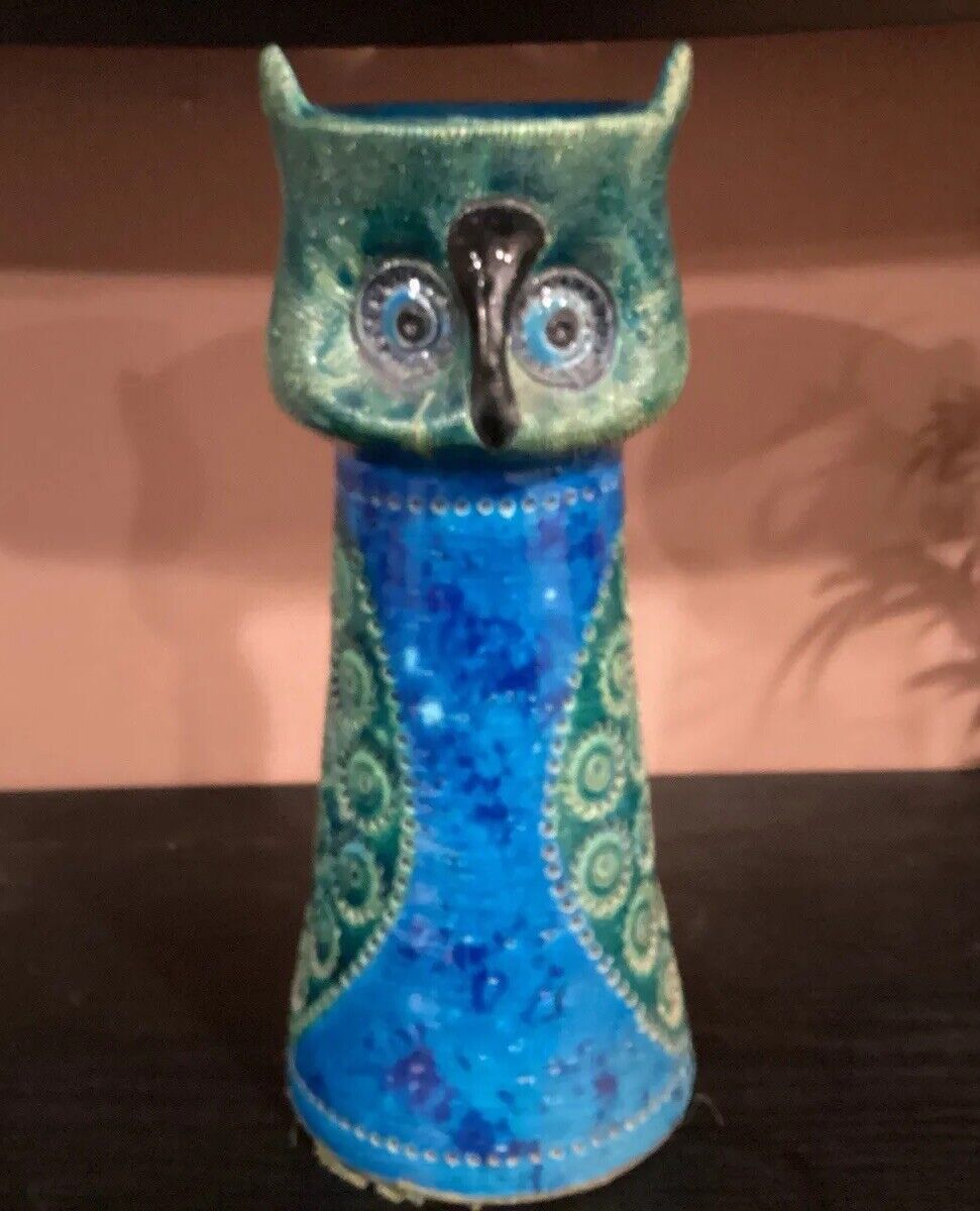 Vintage Rosenthal Netter Blue Green Owl Vase Candleholder Orig Sticker 11 Inches