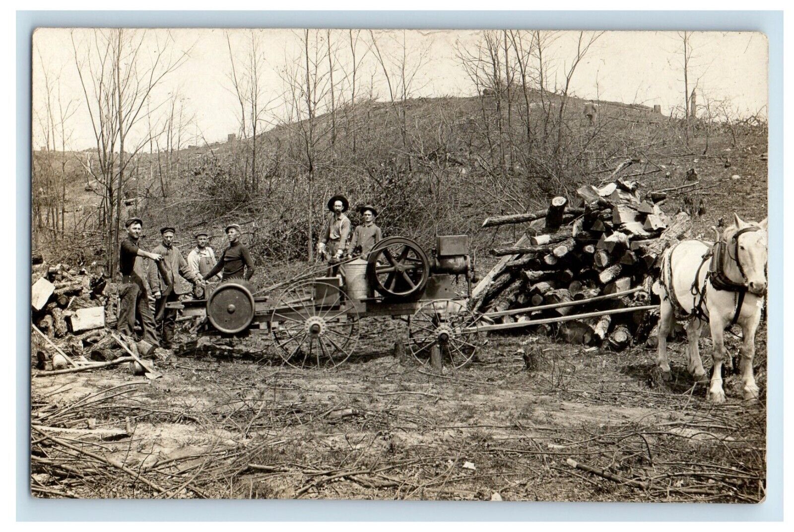 c1910's Horse Workers Loggers Logging Saw Axe Machine RPPC Photo Postcard