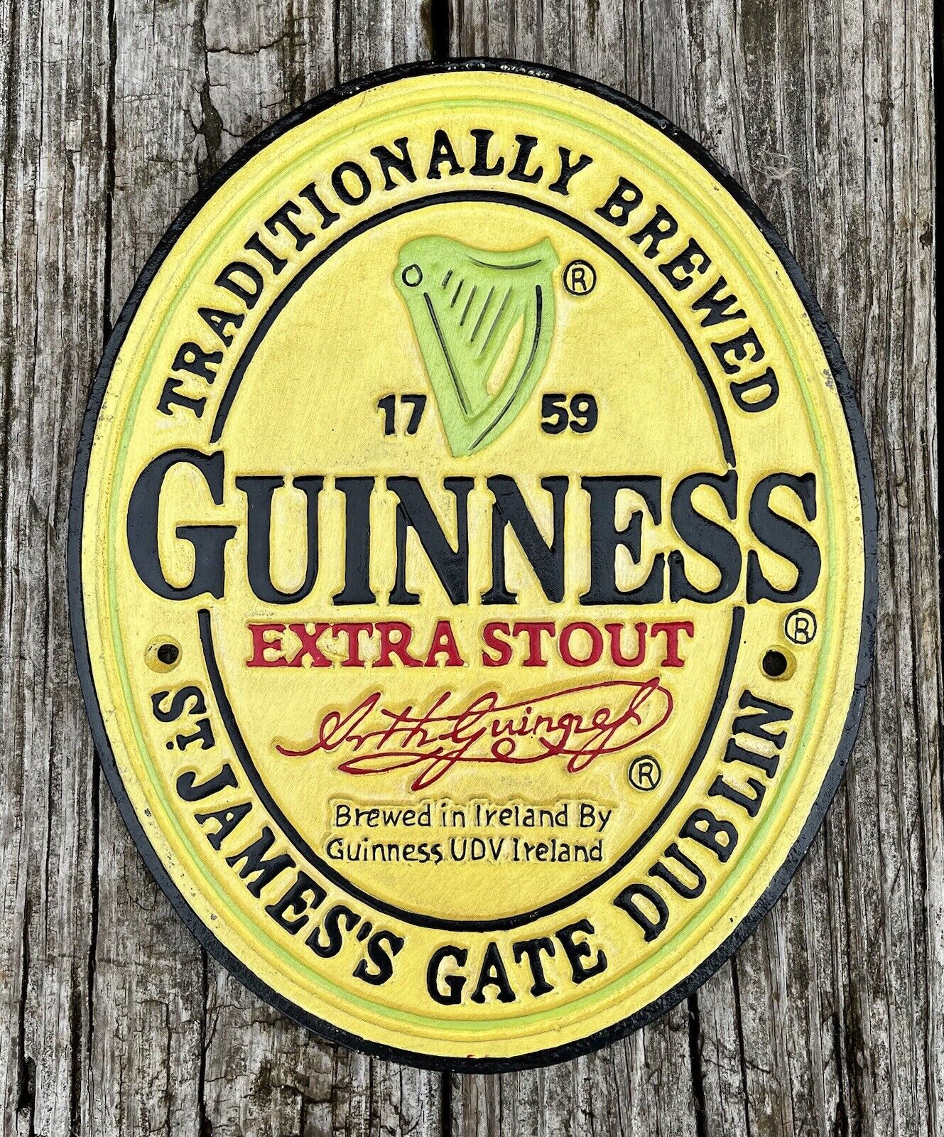 GUINNESS Extra Stout, St.James Gate, Dublin, Cast Iron Oval Sign, 11” x 8.5”
