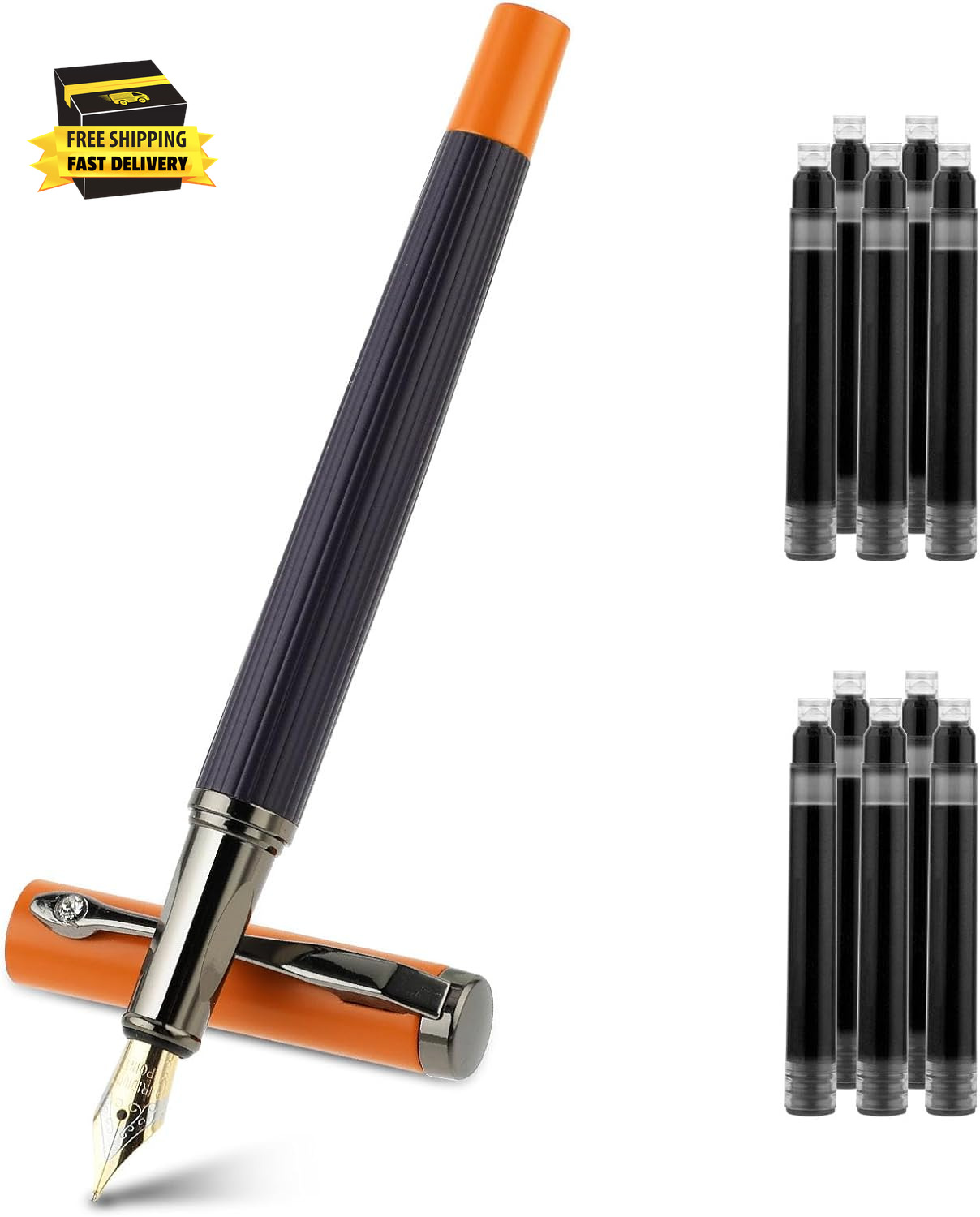 Metal Black Fountain Pen Set, 0.5Mm Fine Nib Fountain Pen with 10 3.4Mm Ink Cart