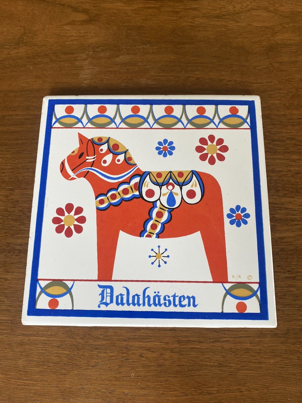 Vintage Swedish Dalahasten Dala Horse Scandinavian Art Tile Trivet Souvenir 6”