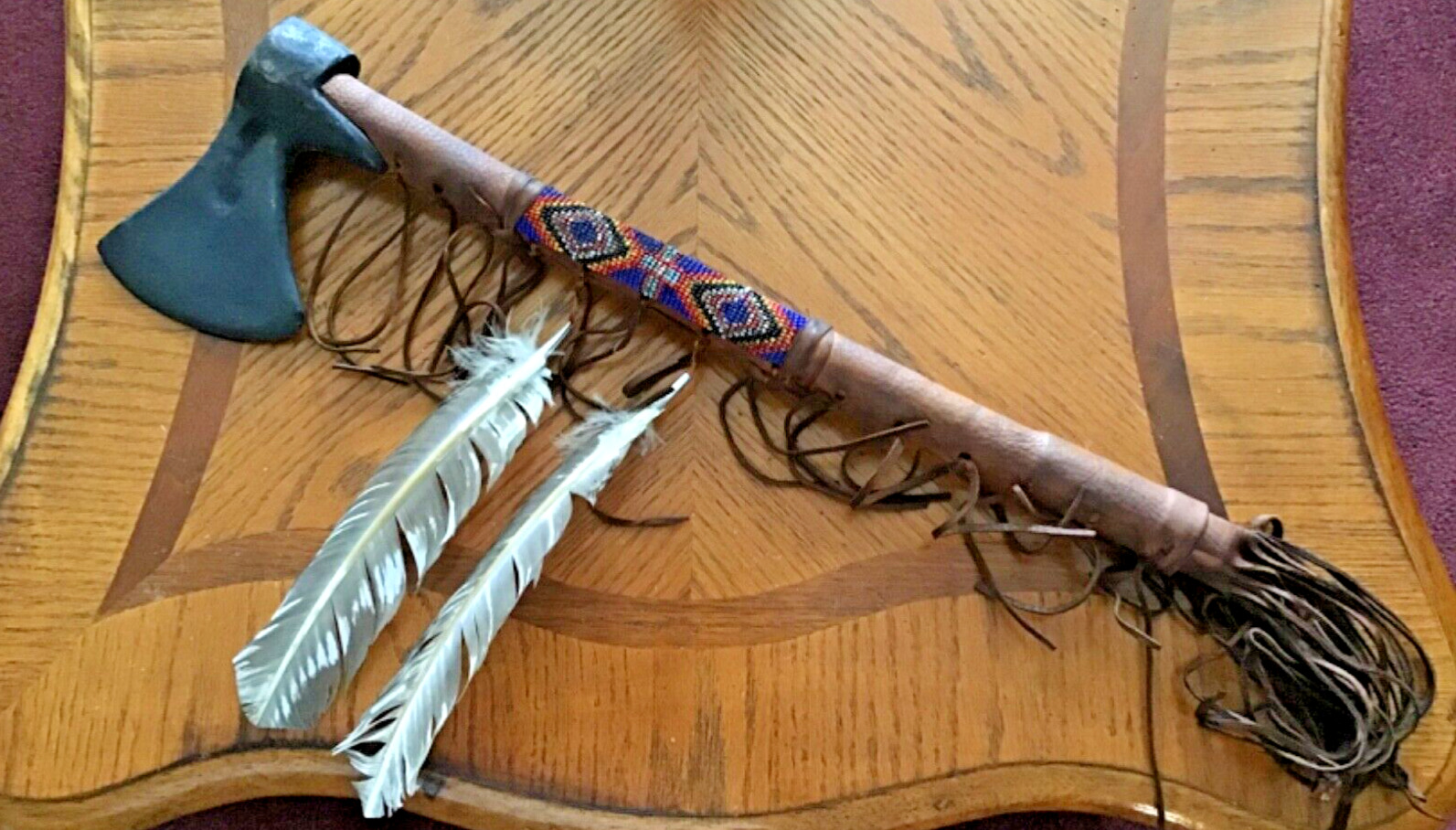 Native American Tomahawk Hatchet Axe Leather Fringe Beads Feathers