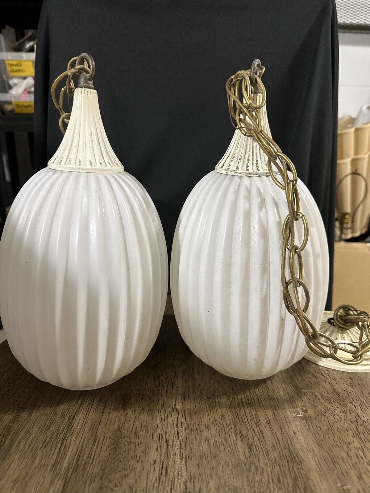 Pair Virden White Ribbed Melon Pendant Swag Mid Century Lamps Vintage