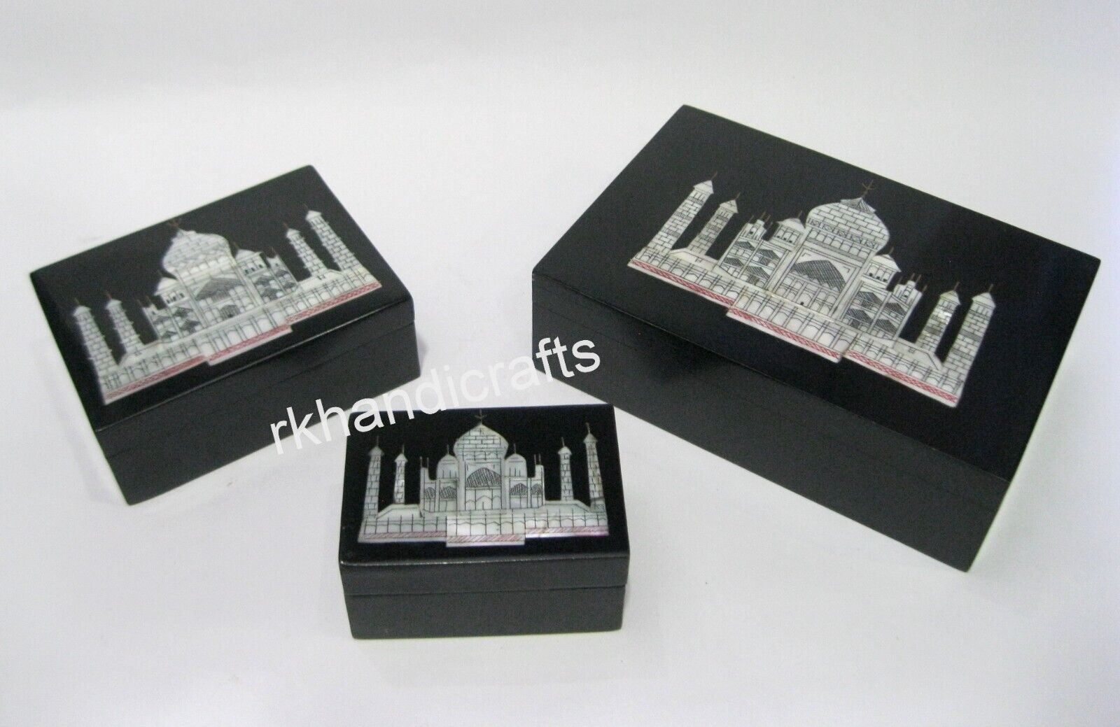 Set of 3 Pieces Marble Jewelry Box Taj Mahal Replica Art Inlay Work Giftable Box