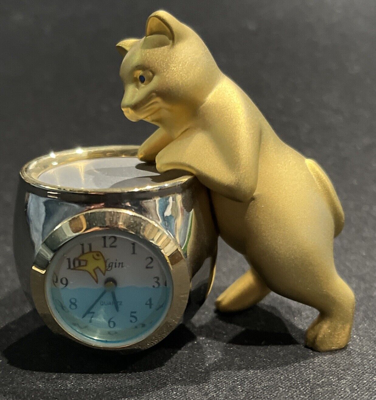 Vintage Elgin Miniature Desk Clock Cat looking into Fish Bowl Gold Silver