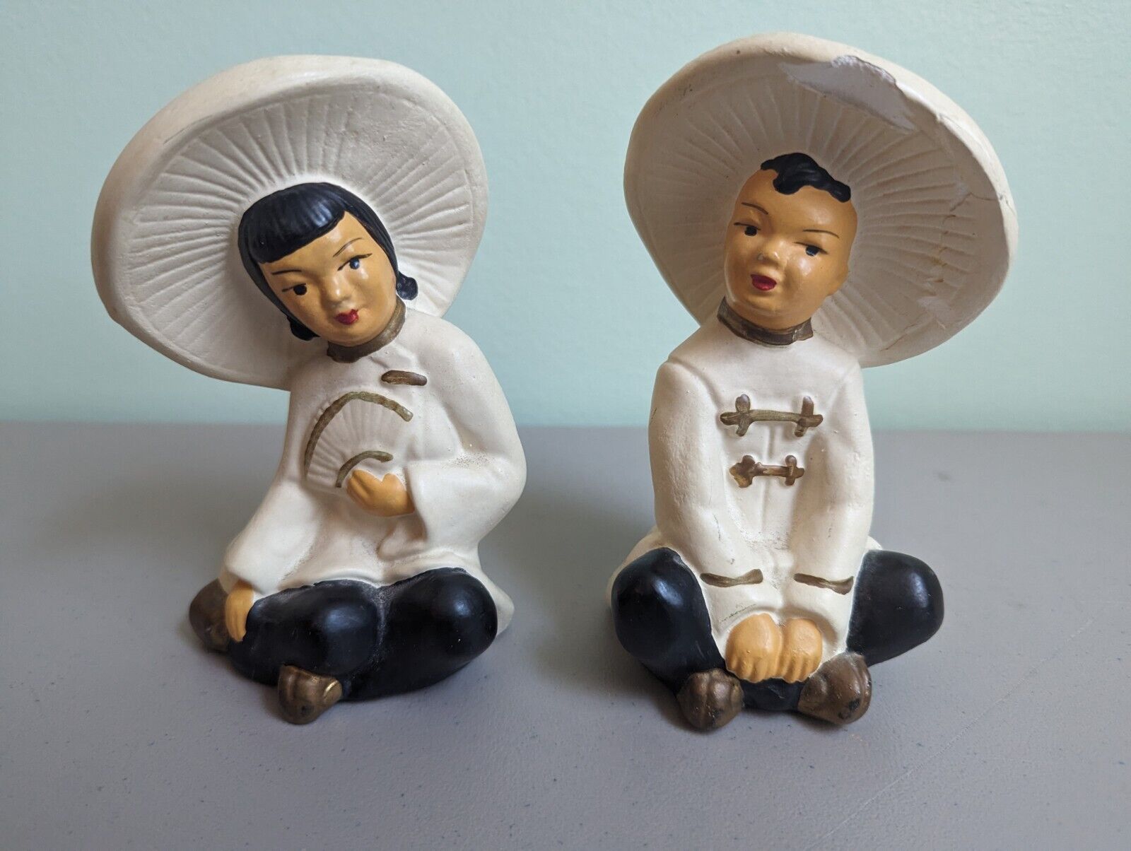 TWO VINTAGE 1950’s CHALKWARE ASIAN CHINESE CHALKWARE FIGURINES UNIVERSAL COUPLE