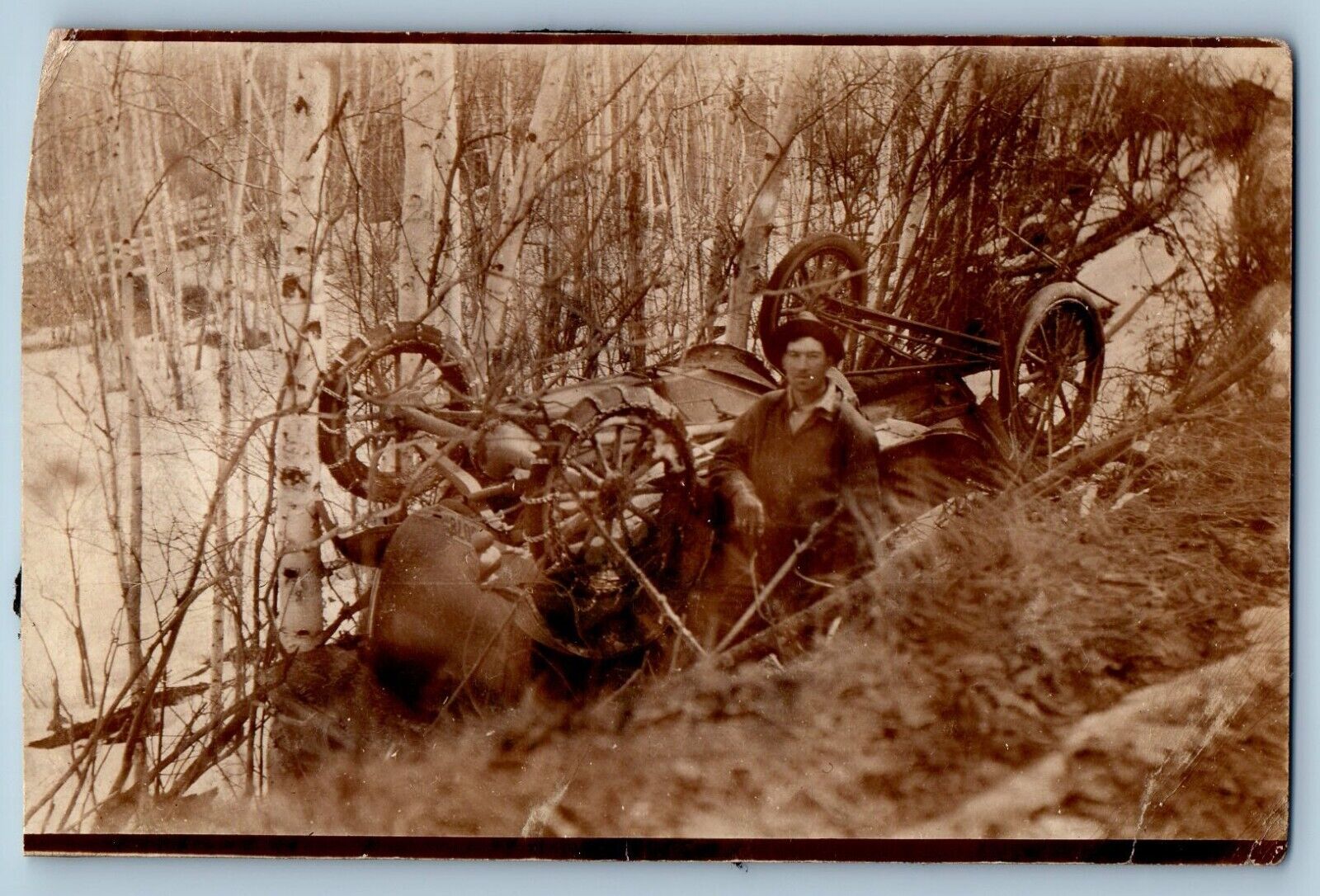 c1910's Postcard RPPC Photo Car Accident Snow Chain Tires Man Scene Antique
