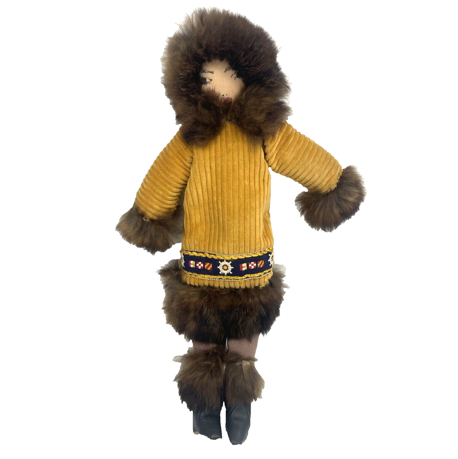 VTG Native American Inuit Cloth Doll Handmade Alaskan Fur Coat