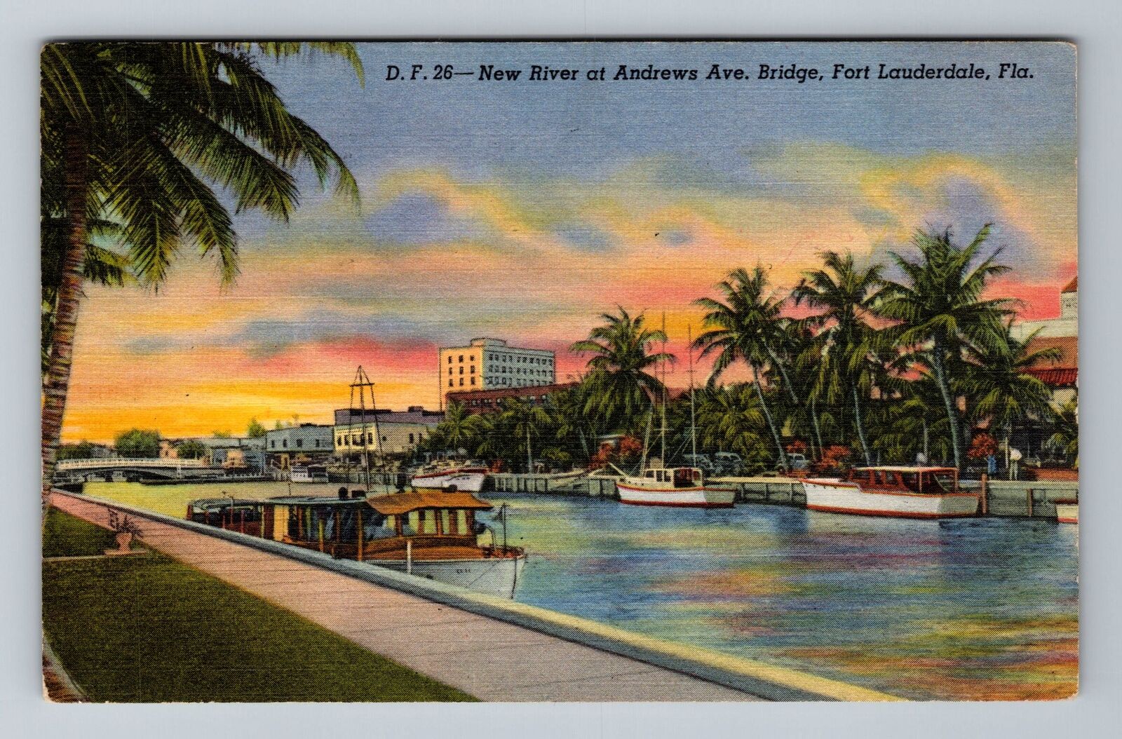 Fort Lauderdale FL-Florida New River Boats Sunset Palms c1954 Vintage Postcard