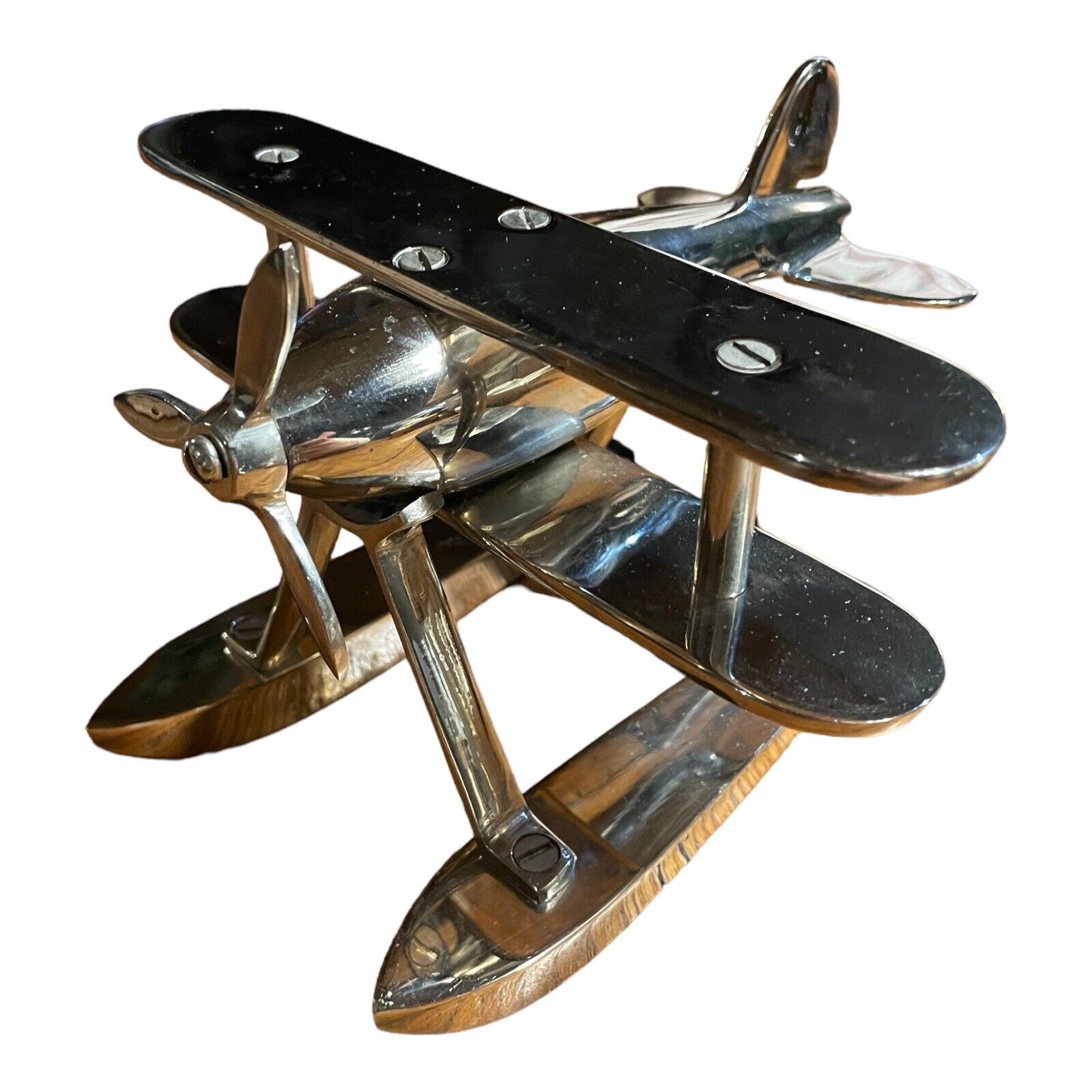 Vtg Rare Art Deco Nickel Metal Float Plane Biplane Collectible Arteriors Home
