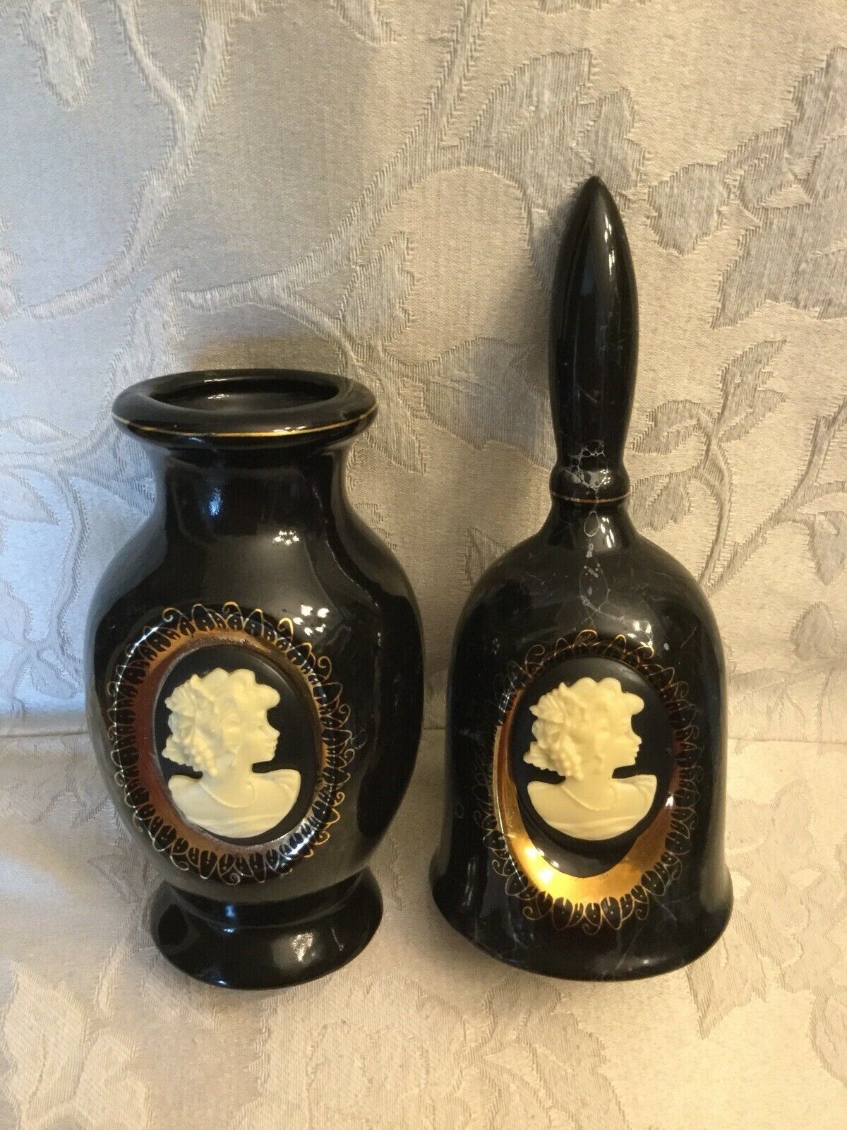 Vintage Porcelain Black White Gold Cameo Set Bell & Vase Japan