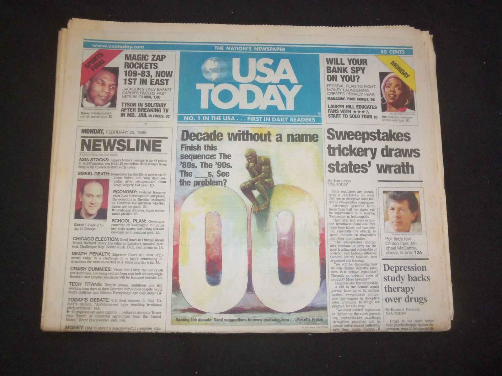 1999 FEBRUARY 22 USA TODAY NEWSPAPER - 2000\'S: DECADE WITHOUT A NAME - NP 8004