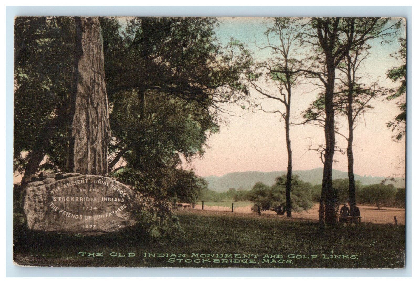 c1920 The Old Indian Monument & Golf Links Stockbridge MA Hand Colored Postcard