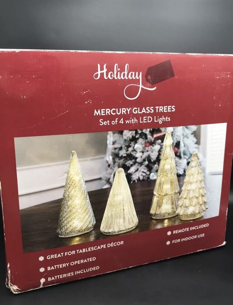 HOLIDAY LED Lighted Mercury Glass Holiday Tree SET OF 4.  Sams.  Large  9”-13.5”