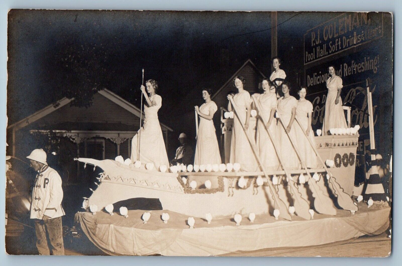 c1910 Parade Battleship Float College Girls Unposted RPPC Photo Postcard