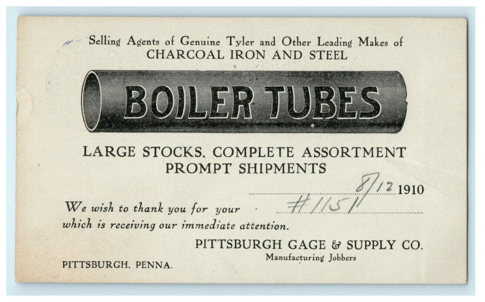 1910 Pittsburg Gage & Supply Co PA Advertising Order Receipt Wilmerding Postcard