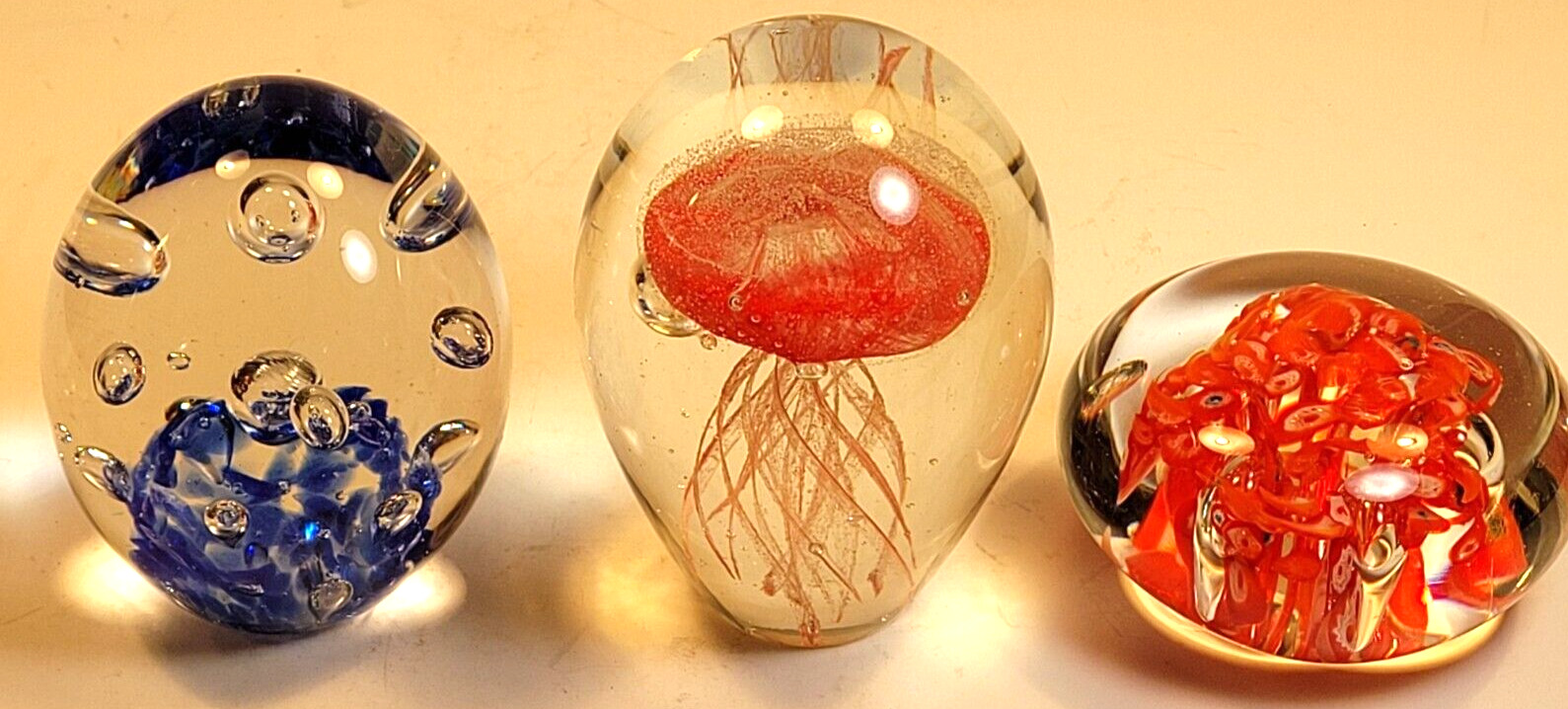 Lot 3 Glass Paperweights Jellyfish Red Blue Clear Blown Bubbles Paper Weights