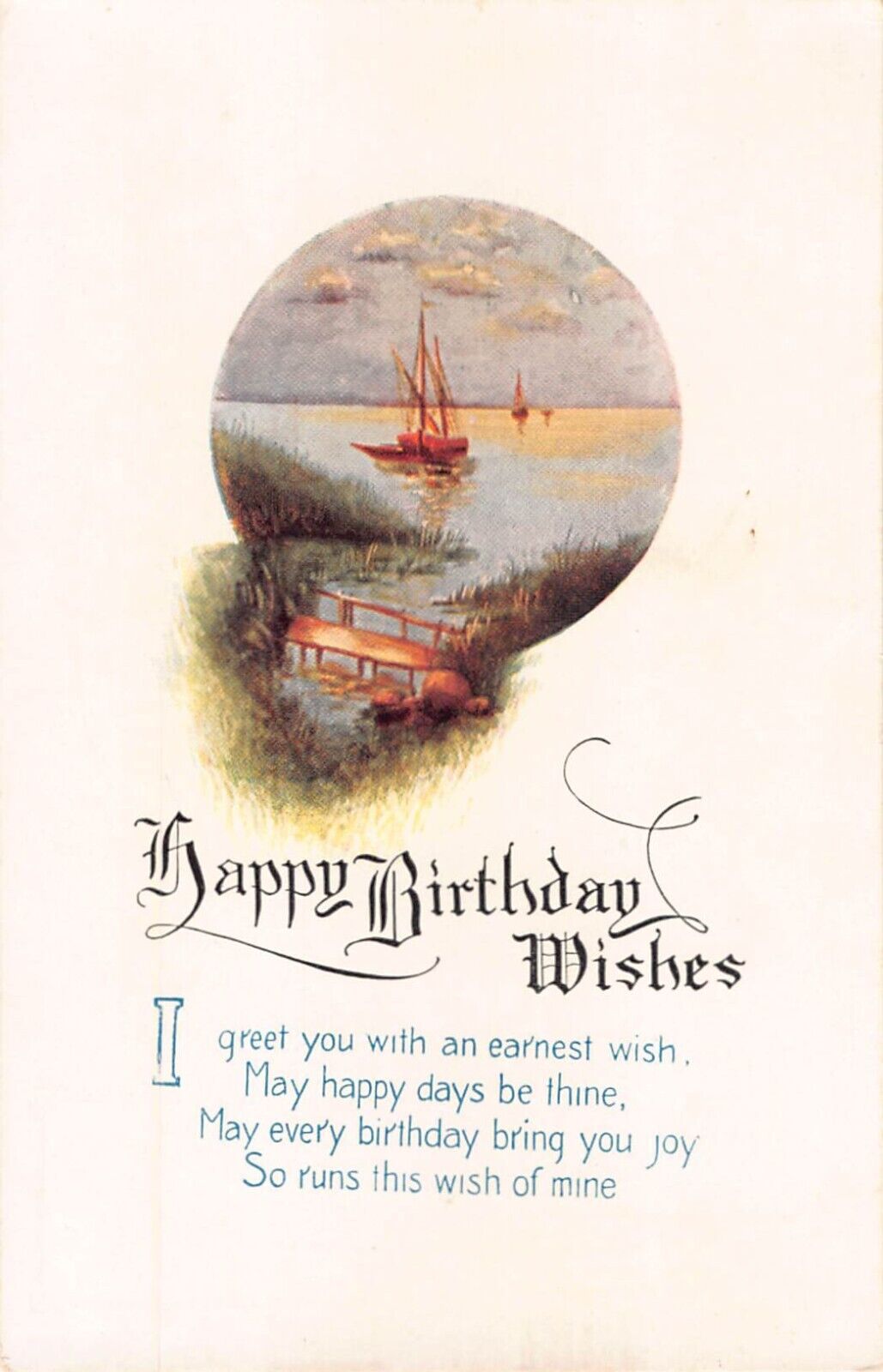 Sailboat Scene on Old Birthday Motto Postcard - B43