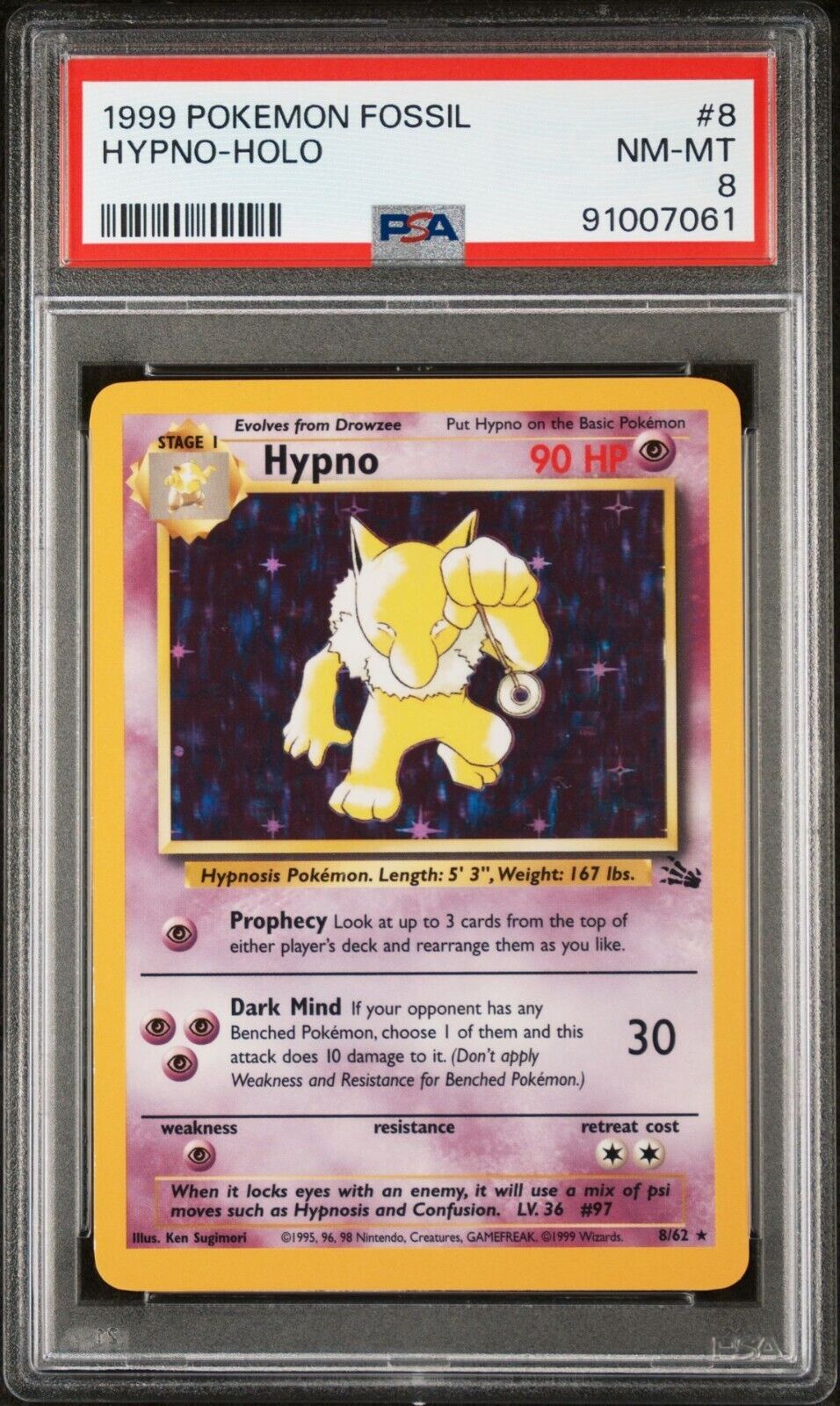 Pokemon 1999 Fossil 8 Hypno Holo PSA 8
