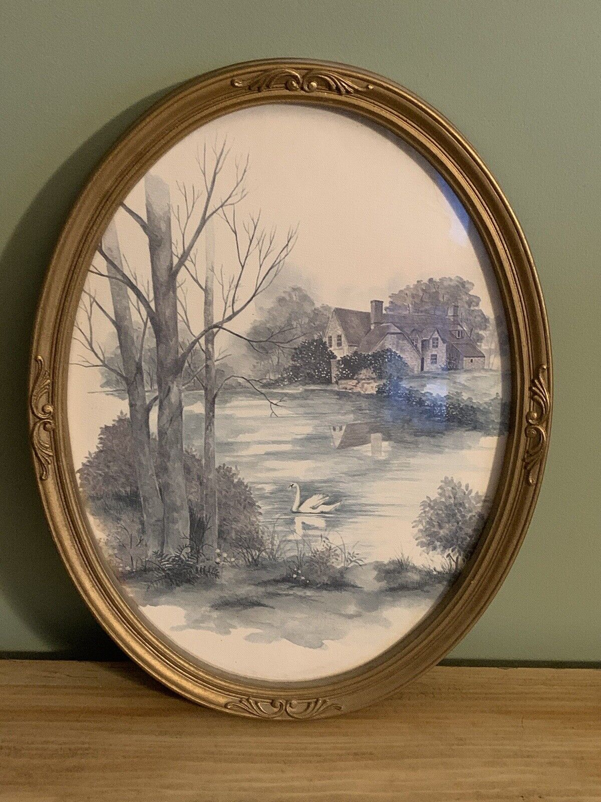 Vintage Oval Ornate Gold Frame by HOMCO Inc. Landscape Swan Lake Scene