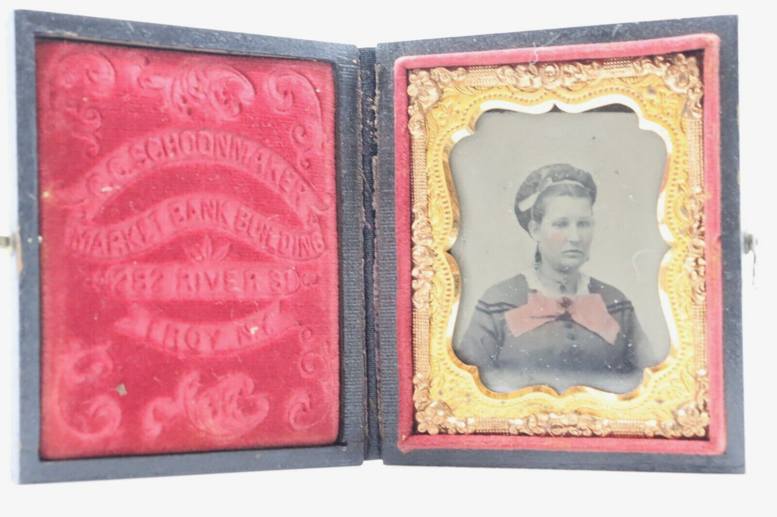Antique Tin Type Woman Color Cheeks & Bow Daguerreotype Ambrotype Embossed Case