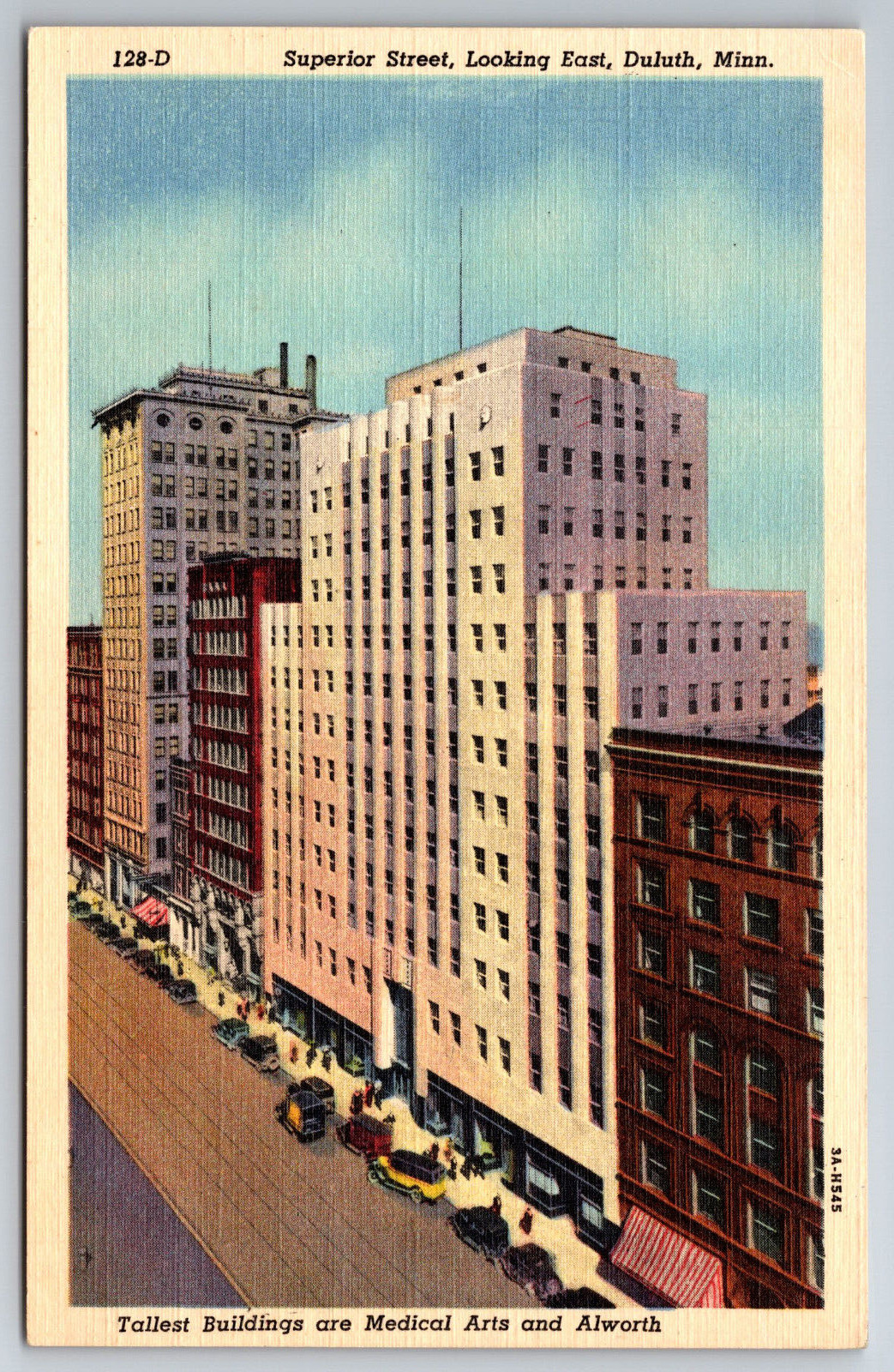 Vintage Postcard MN Duluth Superior Street Old Cars Tall Buildings Linen ~7230