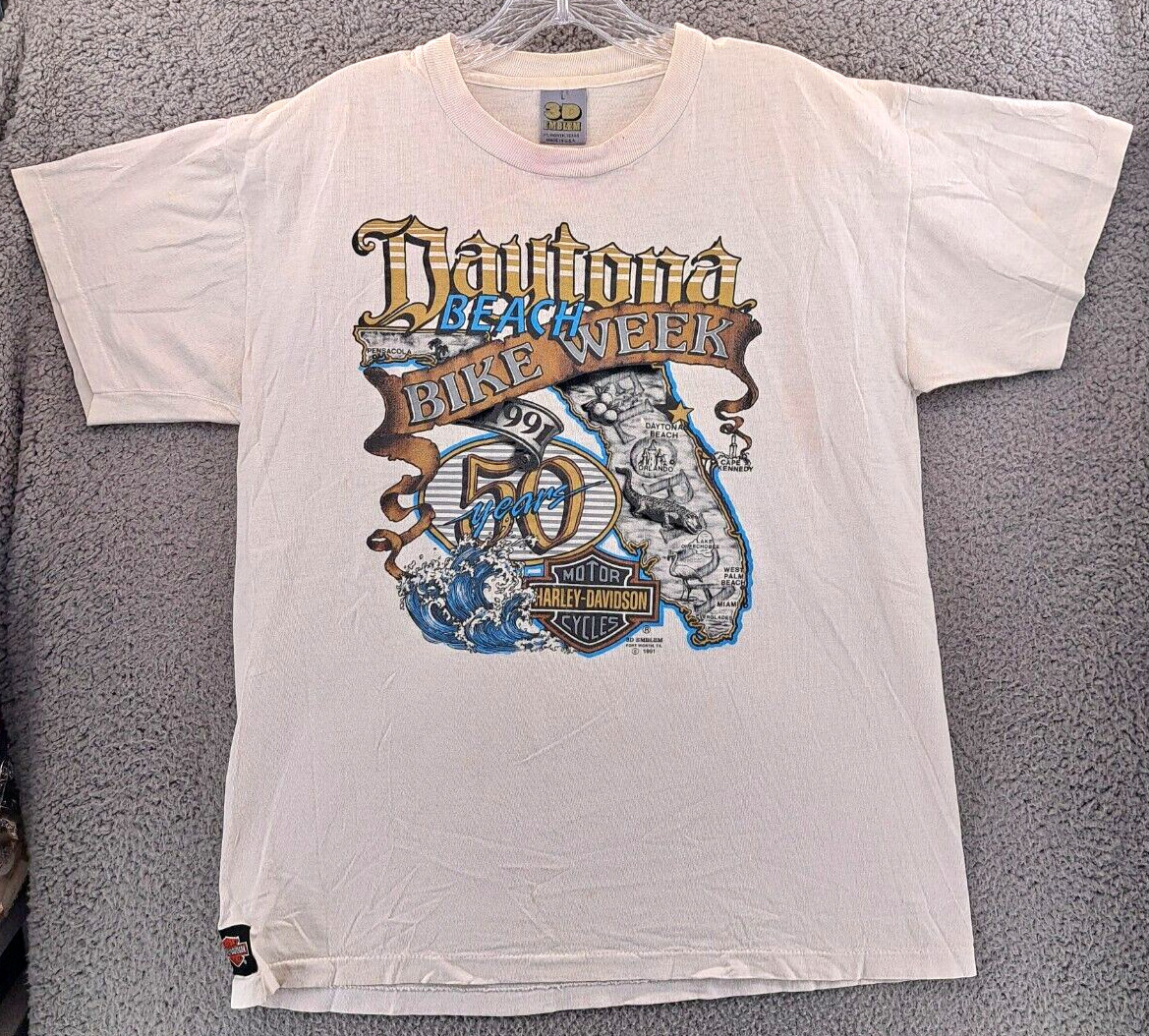 VINTAGE Harley Davidson 3D Emblem Shirt Large Bike Daytona Beach 50 Years 1991
