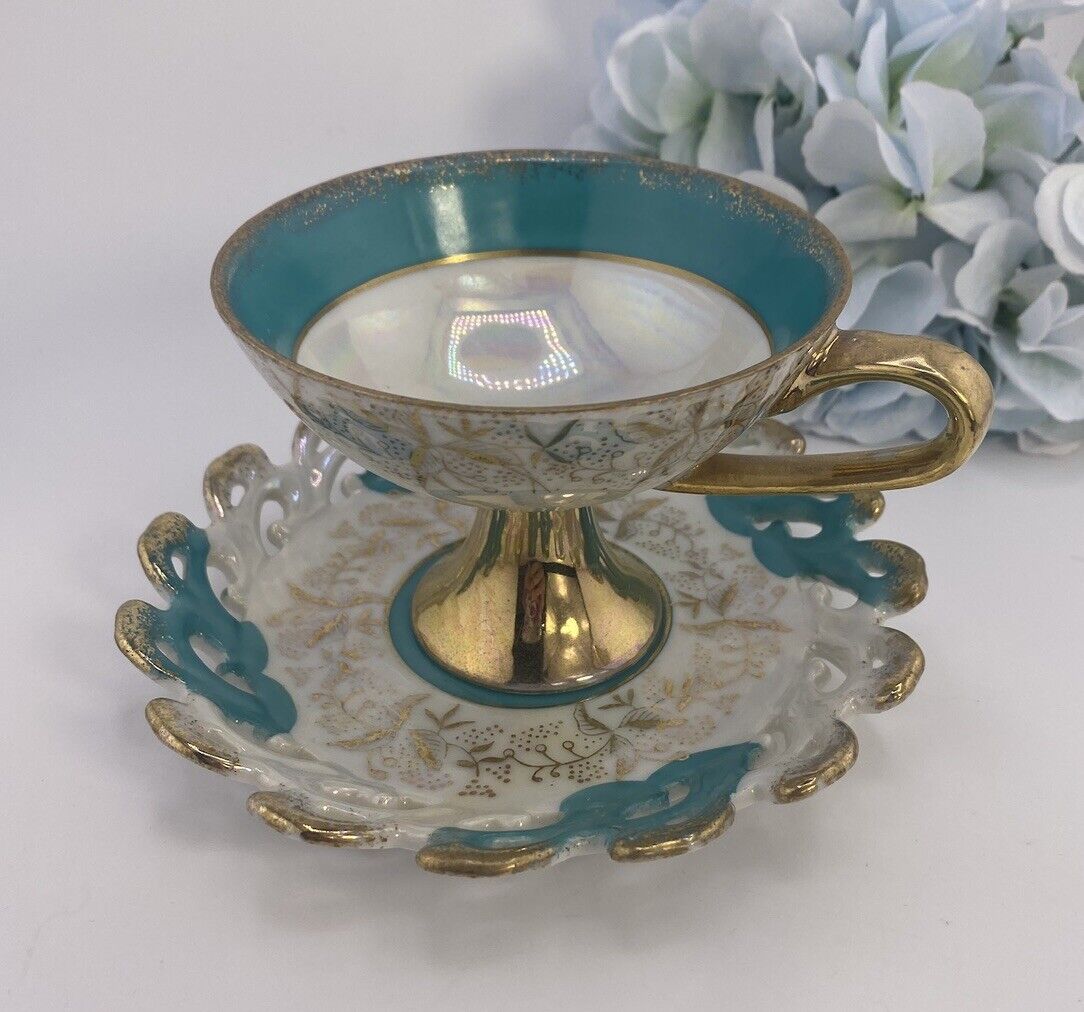 Vintage Lefton Teacup & Saucer Set. Turquoise White Cut Out Iridescent Teacup