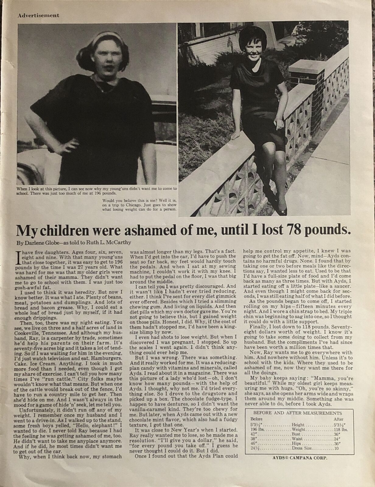 1968 Ayds Diet Plan Fad VTG 1960s PRINT AD Darlene Globe Testimonial Weight Loss