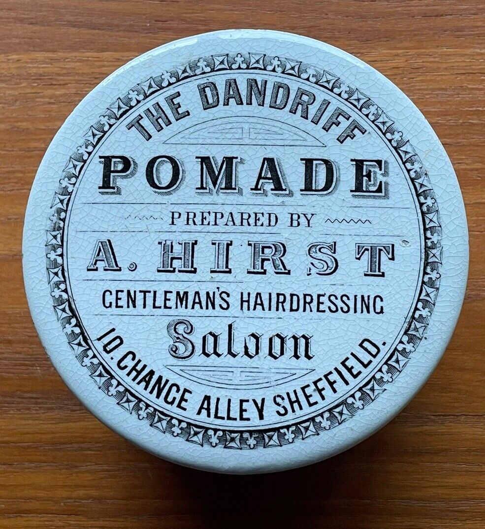 HTF Antique Victorian Porcelain Threaded Pomade Jar Advertising Saloon England