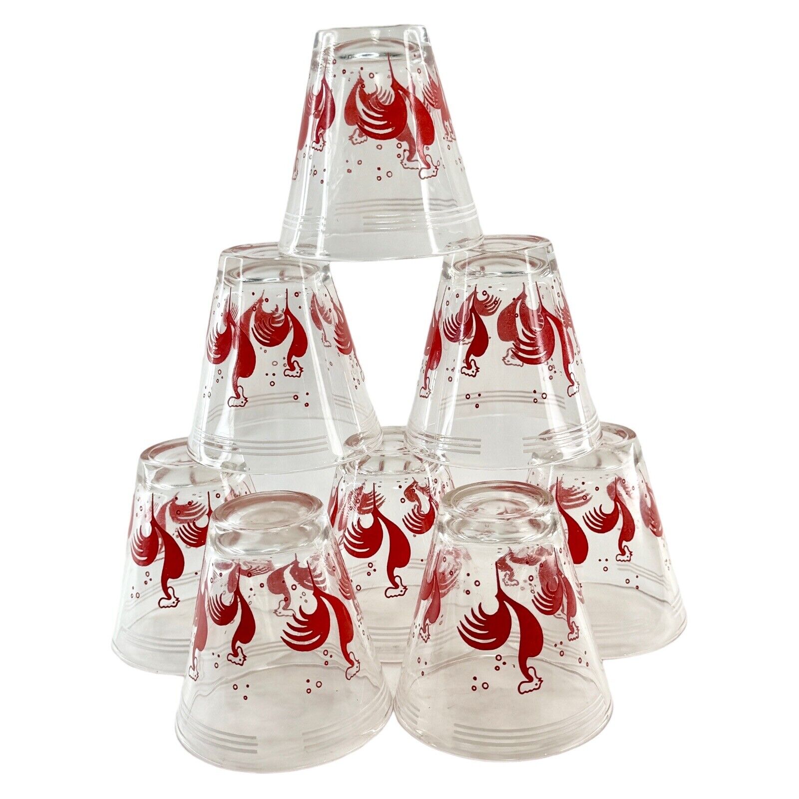 Vintage Red Rooster Hazel Atlas Libbey Juice Double Shot Whiskey Glasses Set 8