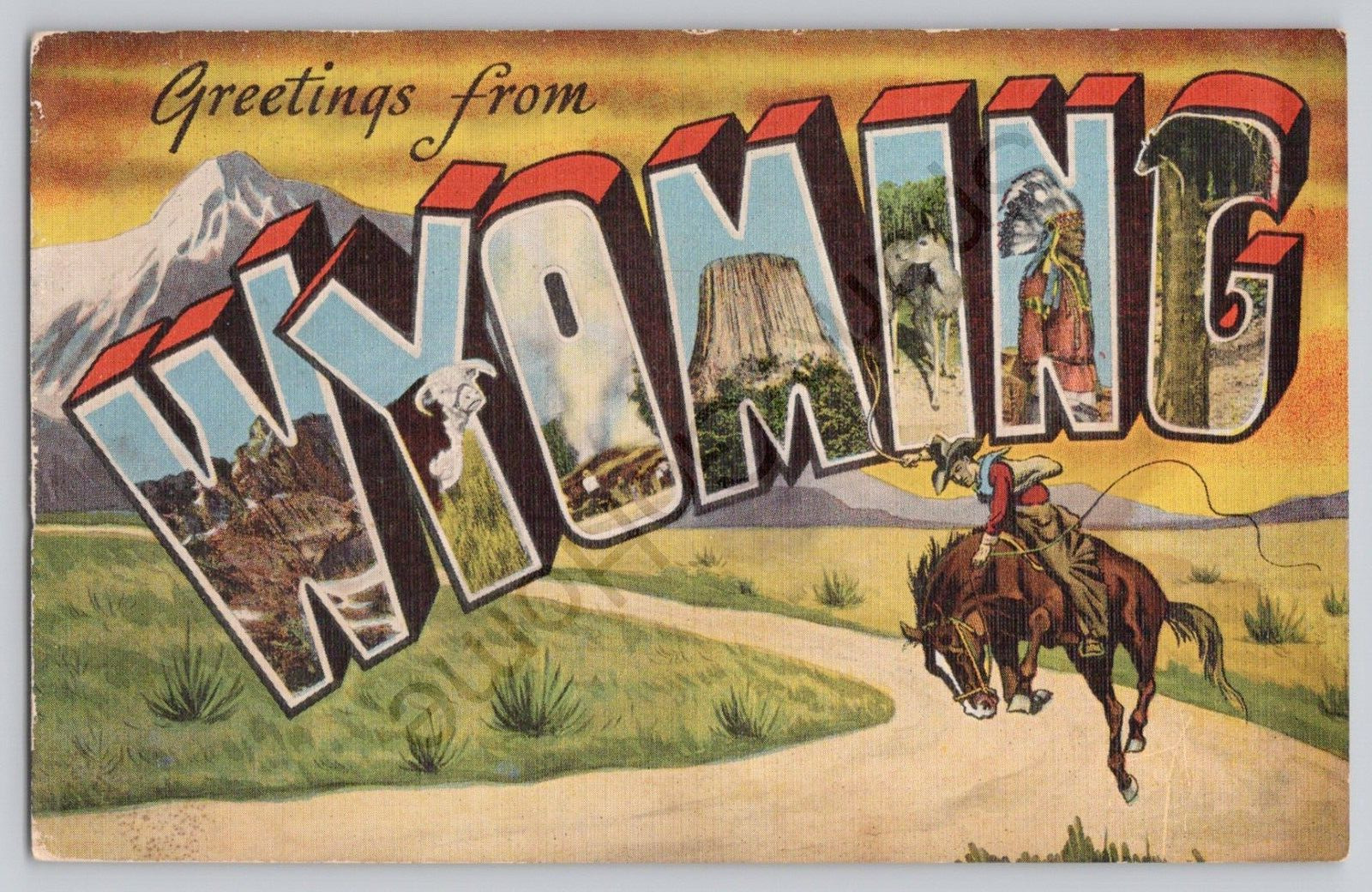 GREETINGS FROM: Wyoming 1930\'s Bucking Horse Cowboy