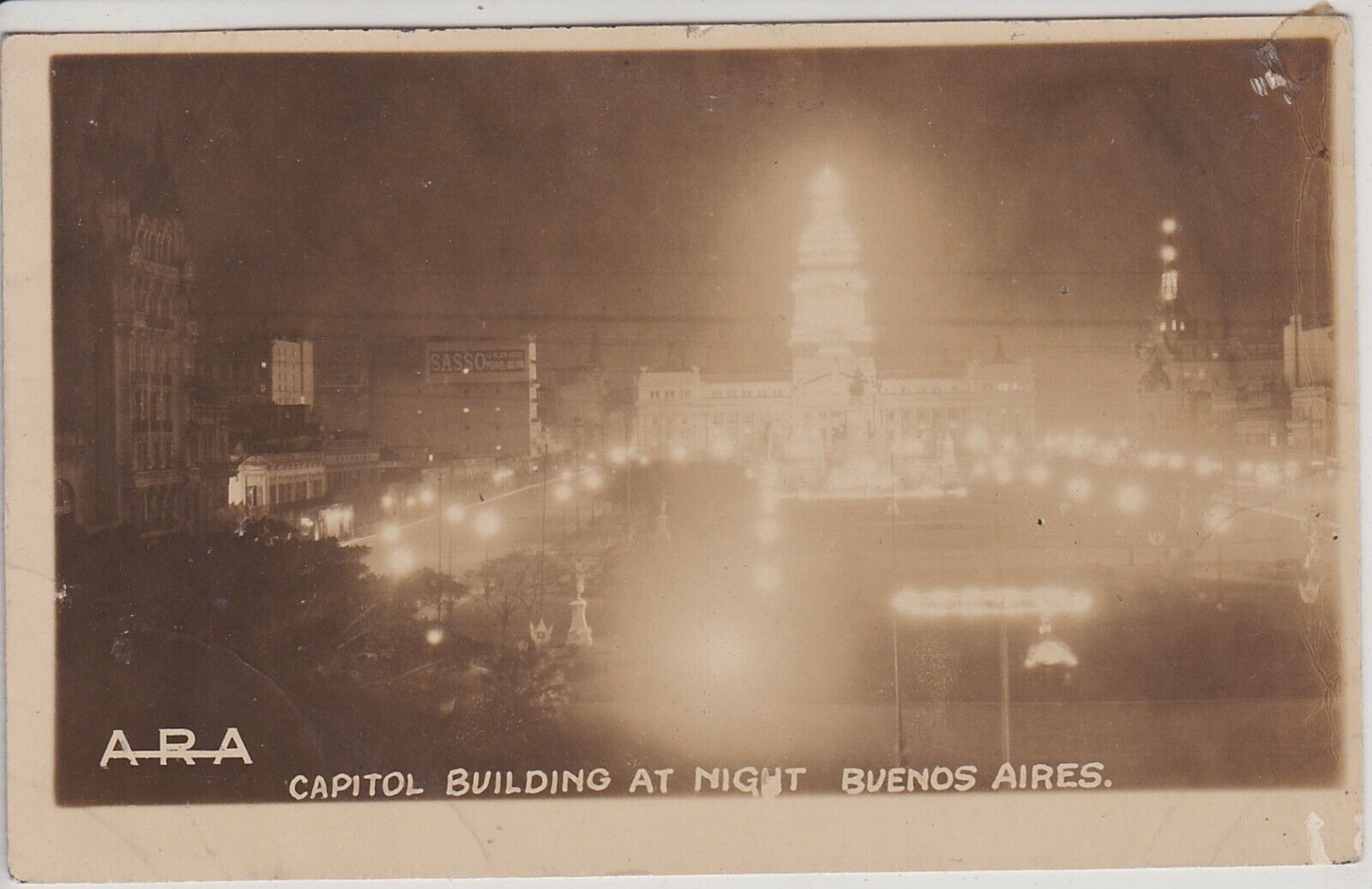 Buenos Aires, Argentina. Capitol Bldg at Night Vintage Real Photo Postcard.