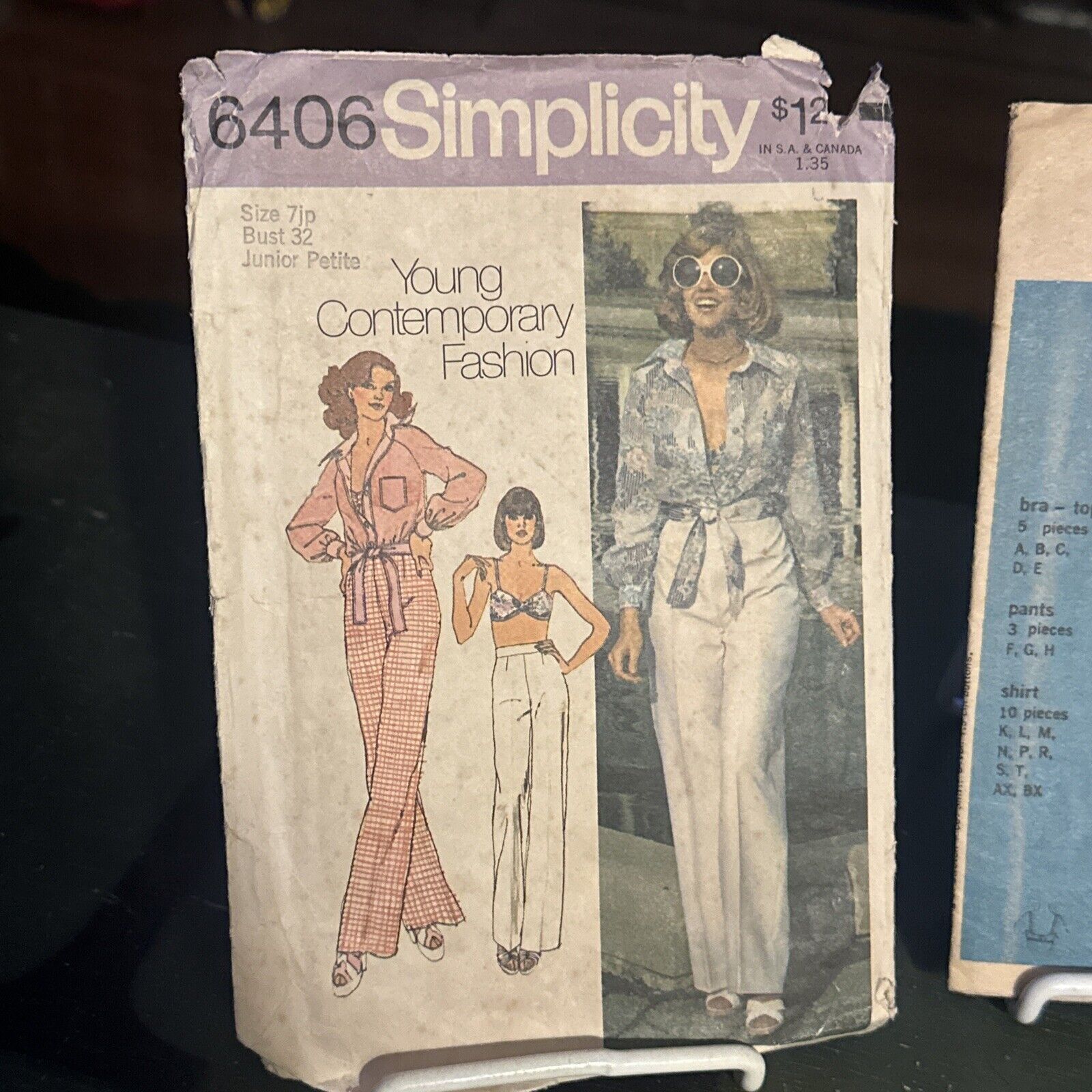 1970s Vintage Bra Top Waist Tied Shirt Pants Simplicity 6406 Pattern Size 7 CUT