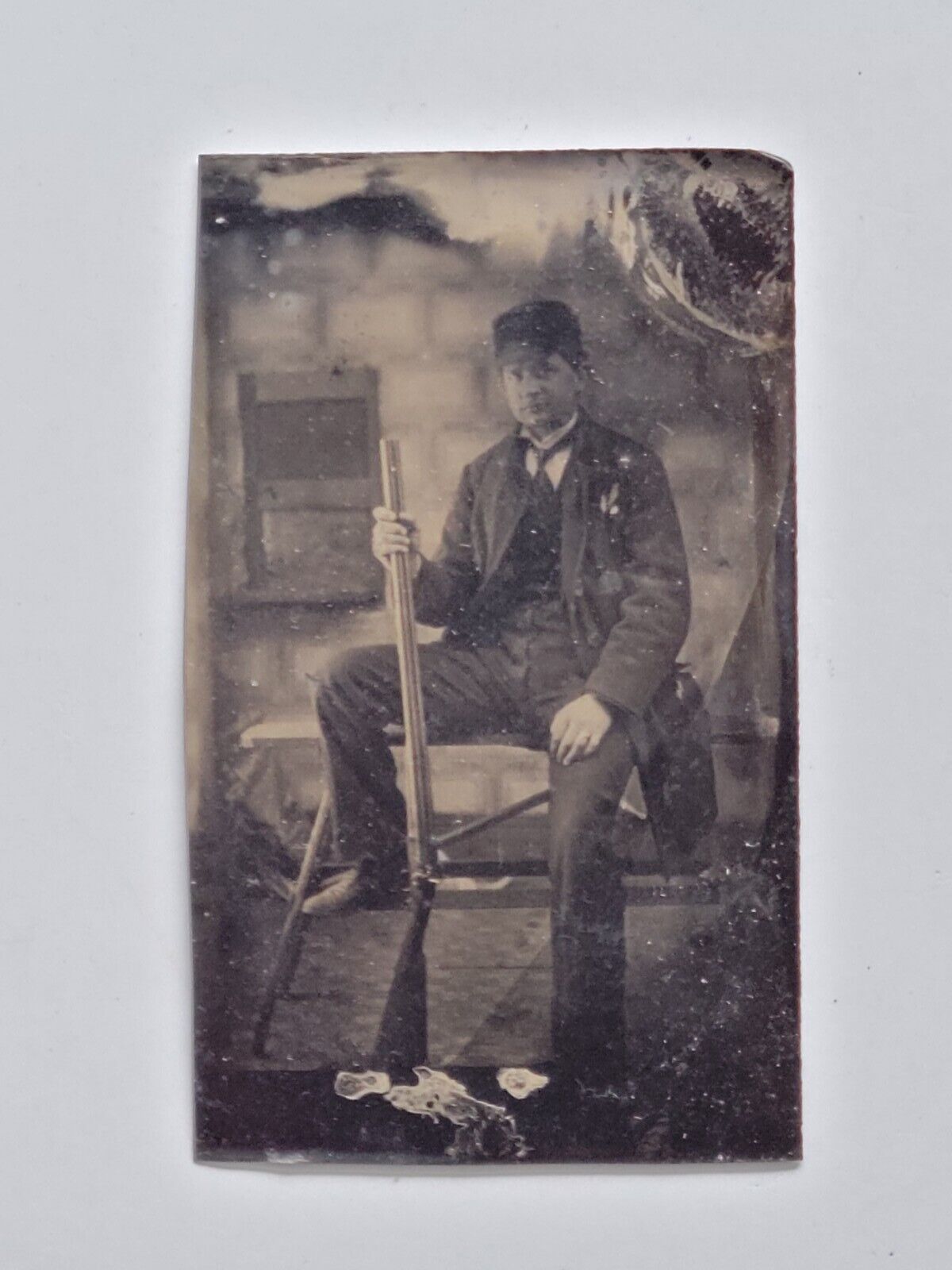 1890s Tintype Photograph, Seated Man Holding A Shotgun Rifle