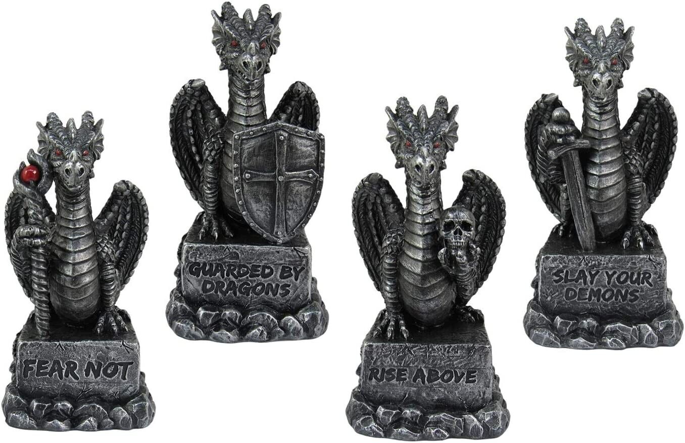 Dragons Motivational Gothic Decor Mini Figurines | 4 Piece Set Medieval Home Dec