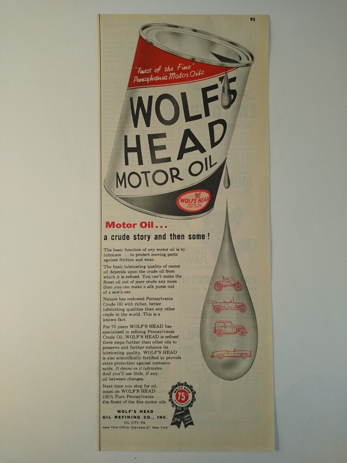 1954 Wolf\'s Head Motor Oil Vintage Print Ad