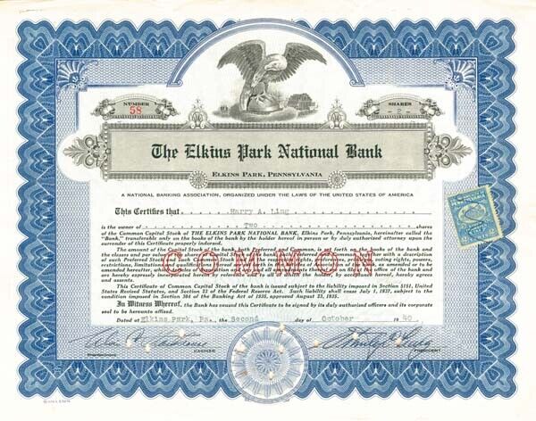 Elkins Park National Bank - Stock Certificate - Banking Stocks