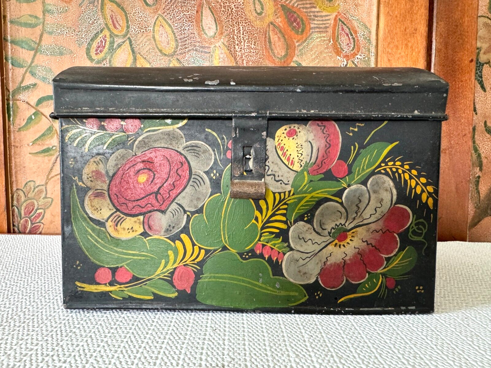 Antique Hand Painted Decorative Tole Tinware Document Box Toleware Domed Lid