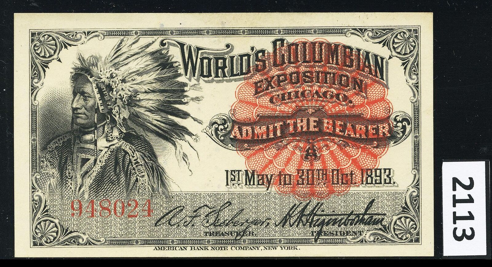Dealer Dave Columbian Exposition 1893, INDIAN PORTRAIT TICKET, EXCELLENT (2113)