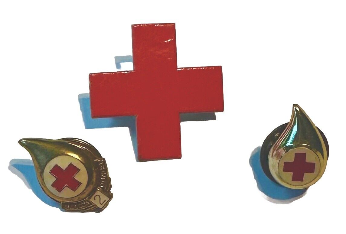 2 Vintage Enamel Red Cross Blood Donor Lapel Pins (One 2 Gallons) J - 037