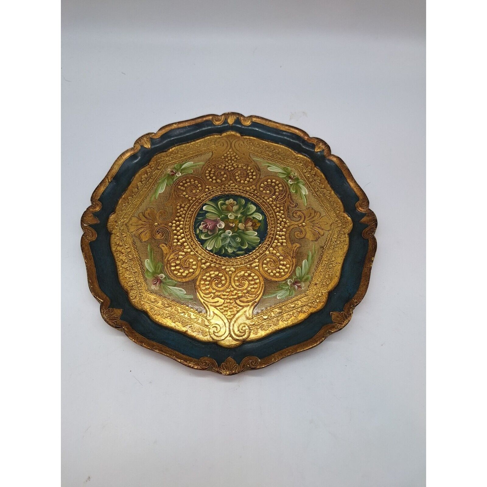 Vintage Italian Florentine painted decorative tray ornate round wood gold floral
