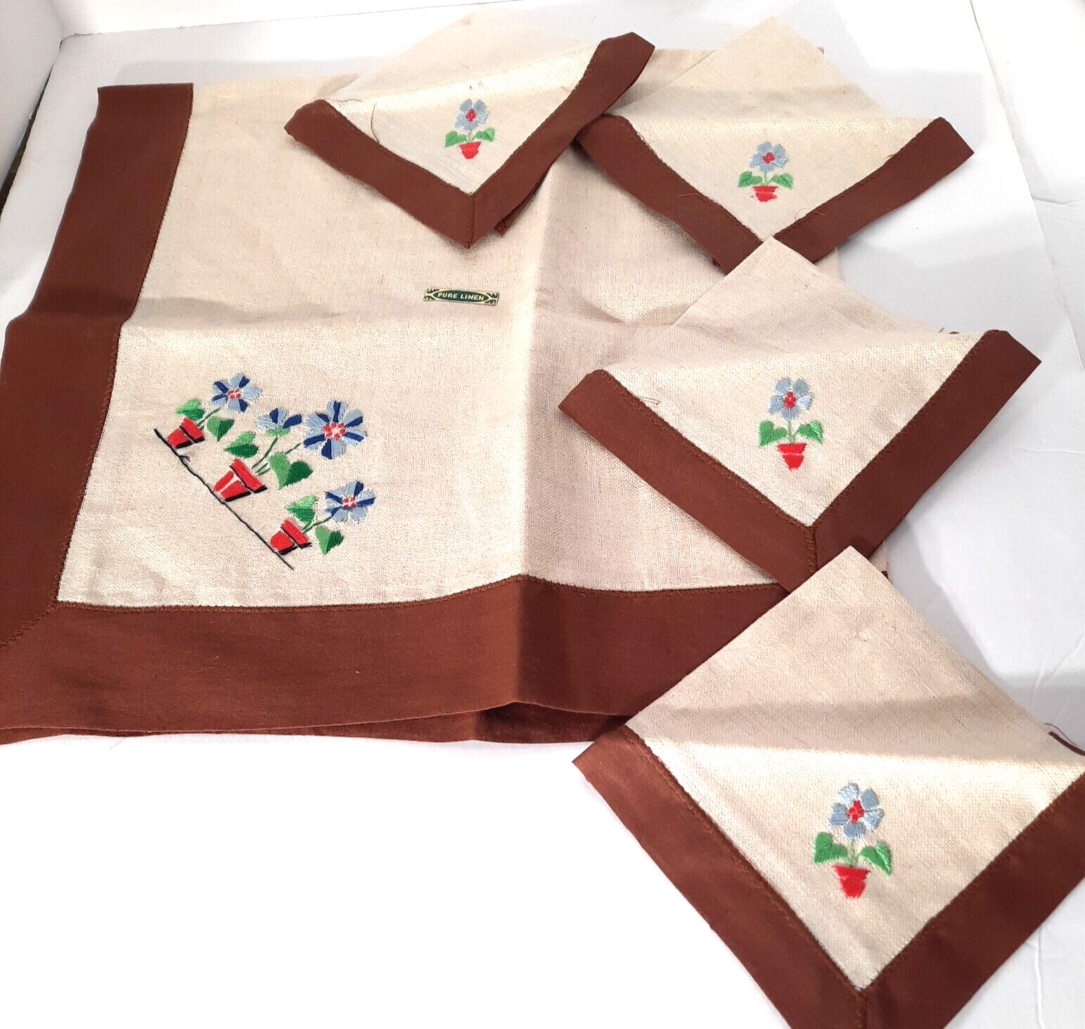 VINTAGE 1950's Pure Linen 5 PC Bridge Set Hand Embroidery cottagecore MCM floral