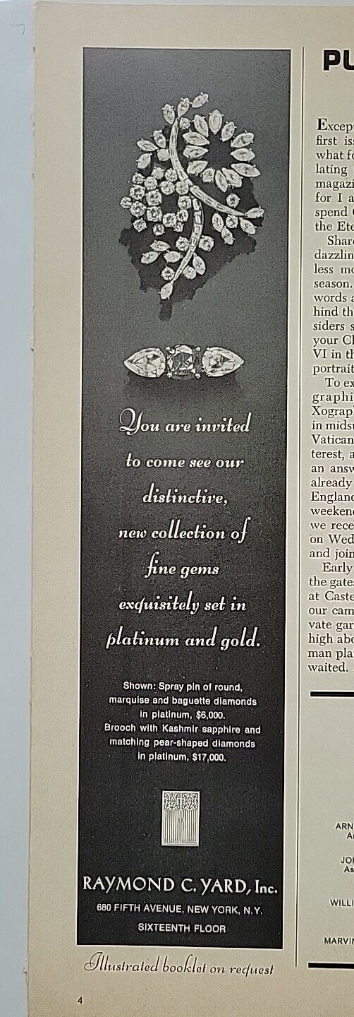 1955 Raymond C. Yard Diamond Pins Brooch Vintage Jewelry Ad